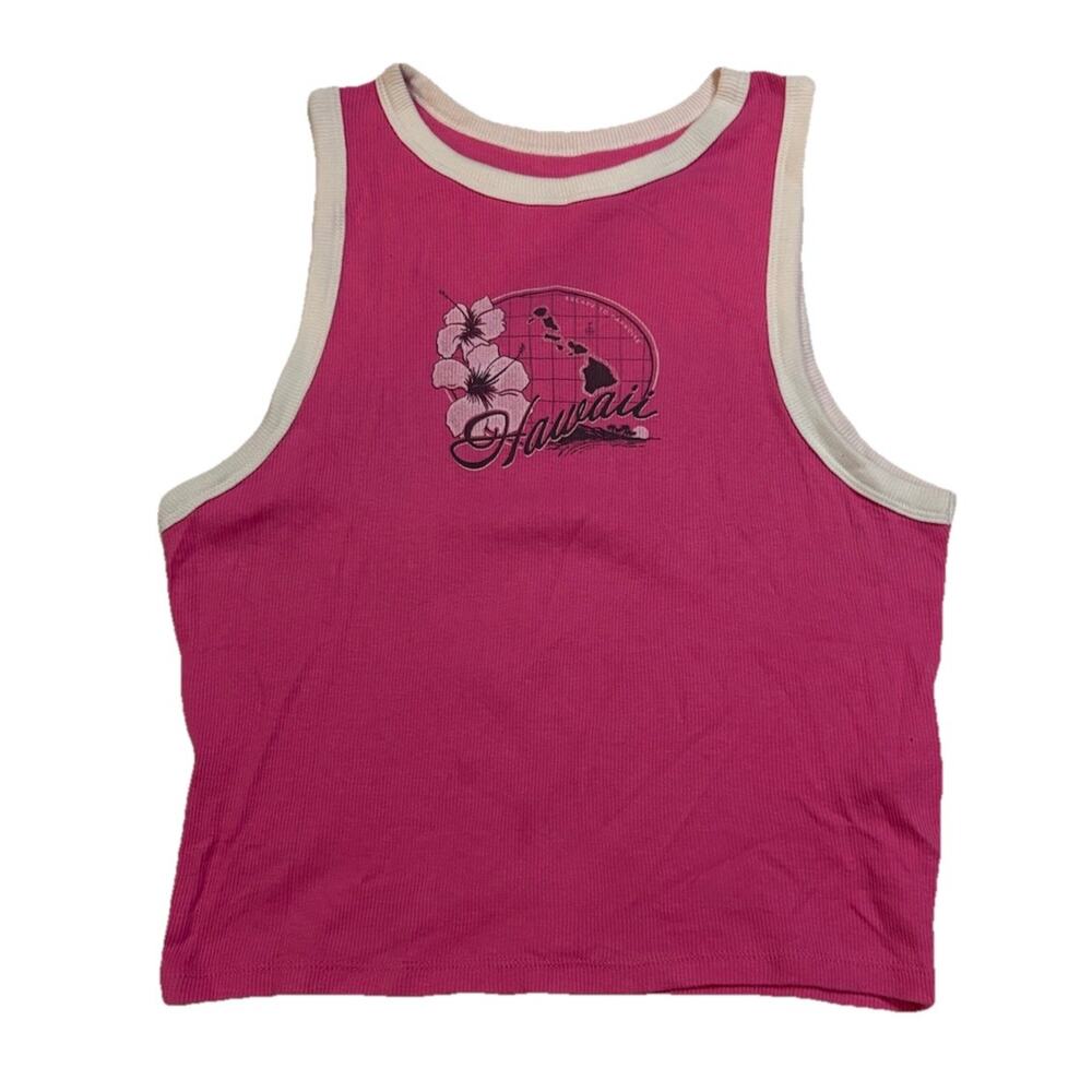 Hollister Baby Tank Ribbed Floral Hawaii Graphic Crop Top Ringer Pink L